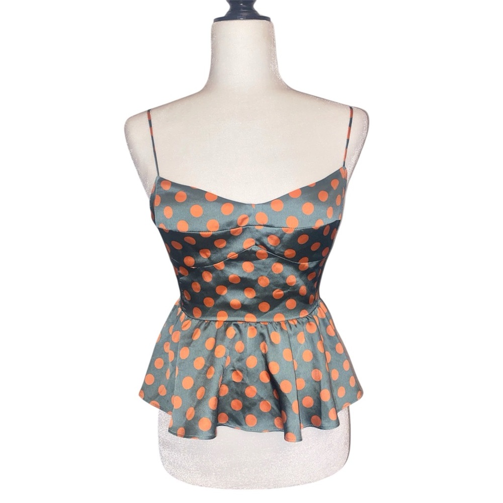 Zara Polka Dot Peplum Cami Top - Green with Orange Dots